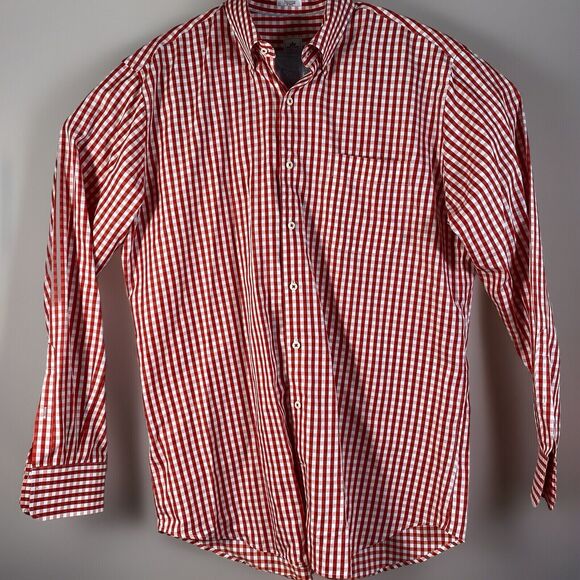 Peter Millar Dress Shirt Red Gingham Plaid Button Men Large Weekender Finish - Picture 1 of 13